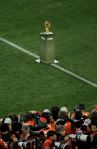 The World Cup trophy is presented on the pitch before the World Cup final soccer match between the Netherlands and Spain at Soccer City in Johannesburg, South Africa
